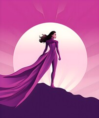 Girl superhero cartoon character, young feminine woman in purple super hero costume with heart print on breast. Female powerful comics personage, avatar or portrait, Vector illustration