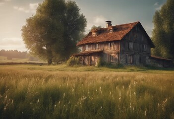 Fototapeta premium Peaceful Landscapes of a Farmhouse in the Middle of a Fields