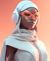 Portrait of young African American girl model in stylish cosmic costume, in pink peach orange neon light. Cyber, futuristic portrait concept, banner, mobile phone wallpaper, Artificial Intelligence