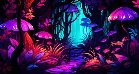 a forest with some kind of colorful mushroom - obrazy, fototapety, plakaty