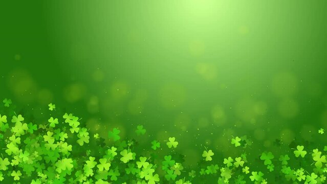 Patrick day background with leaf clover pattern background. Lucky green clover for Irish festival St Patrick s day. Green animated looping screensaver with space for text.