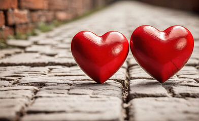 Fototapeta premium Two little red heart on a brick background, Valentine's Day, Christmas. Generative AI