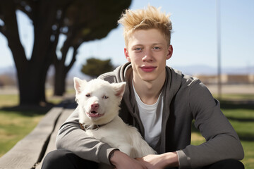 Portrait of an Albino person with a dog