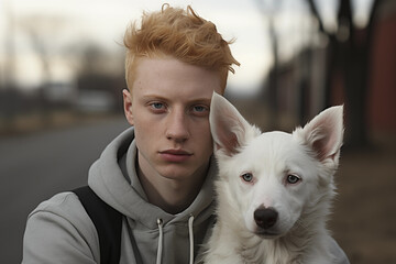 Portrait of an Albino person with a dog
