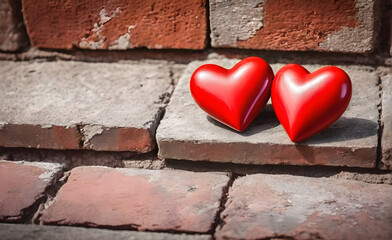 Two little red heart on a brick background, Valentine's Day, Christmas. Generative AI