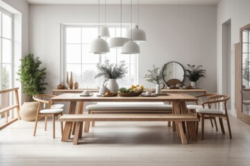 scandinavian interior home design of modern dining room with wooden chairs and rustic dining table with wooden decorations
