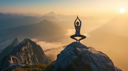 Panoramic view. Back view of slim woman in black sportswear doing yoga exercise on one leg in mountains. Concept of yoga time at sunset.  - obrazy, fototapety, plakaty
