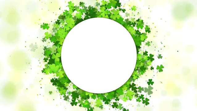 St. Patricks Day background. Round frame for text. Greeting card with animated clover leaves. Looped motion graphics.
