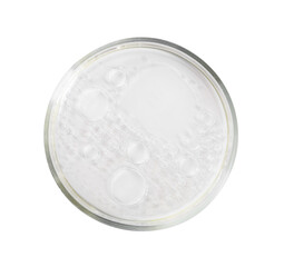Petri dish with liquid sample isolated on white, top view