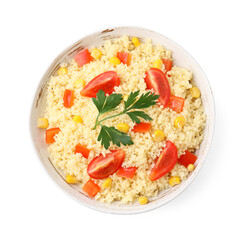 Tasty couscous with parsley, corn and tomatoes in bowl isolated on white, top view