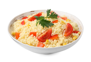 Tasty couscous with parsley, corn and tomatoes in bowl isolated on white