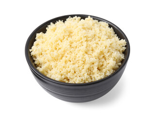 Tasty couscous in bowl isolated on white