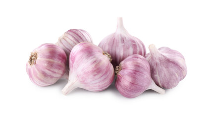 Pile of fresh raw garlic heads isolated on white