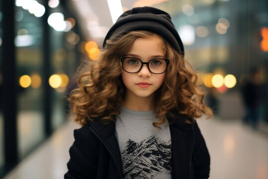 Portrait of a beautiful young girl with curly hair in a hat and glasses.
