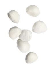 Fresh mozzarella balls falling on white background