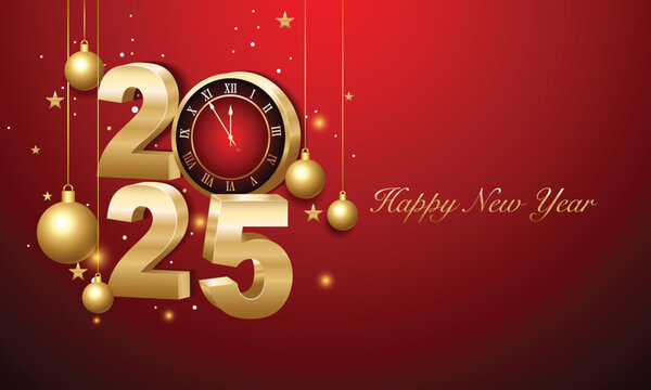 Happy new year 2025. 3d gold numbers with golden Christmas decoration and confetti on dark  background. Holiday greeting card design.