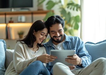 Interracial couple, doing online shopping with a tablet, sitting in a comfortable position, on the sofa