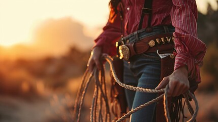 The wild west cowgirl grips her lasso in one hand, ready for any challenges that may come her way. - obrazy, fototapety, plakaty