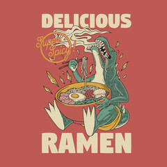 retro cartoon emblem of dinosaur eat ramen noodles