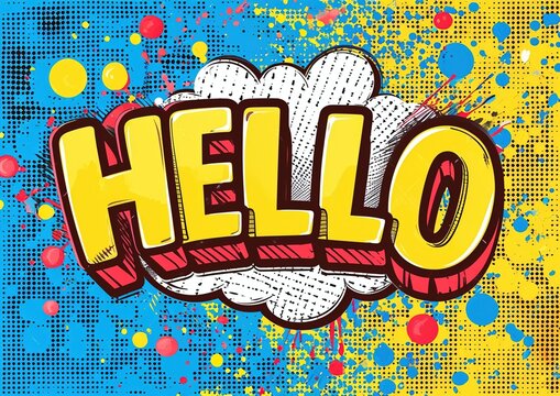 Vintage pop art advertisement, with clouds and dots, with the word hello written in comic style