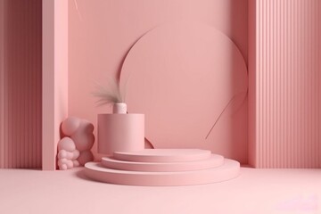 Simple backdrop with pink podium, platform, and 3D model. Generative AI