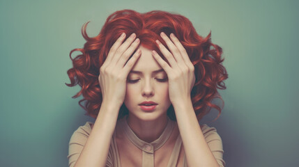 Portrait of a distressed woman or a woman with a headache. Dramatic pose suggesting depression or mental health issues.