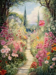 Lush Floral Garden Paths Wall Art: Vintage Flower Landscape D�cor