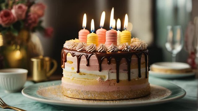 A birthday cake with candles. Generative AI video. ProRes HQ 59.94 FPS available in 4K 16:9.