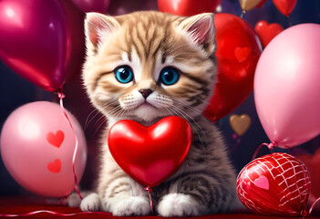 Cute kitten scottish breed lies and holds a heart-shaped red balloon in his paws