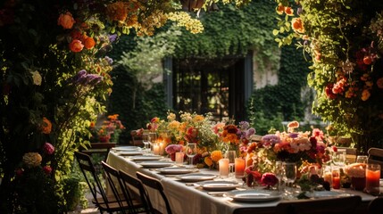 A garden dinner with tables adorned with vibrant flowers and plants.