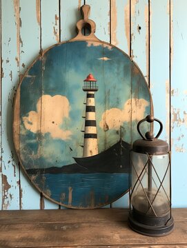 Nautical Lighthouse Silhouettes: Vintage Seaside Art, Wall Landscape Painting