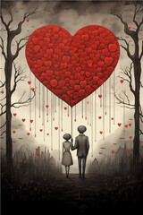 couple in love with a big red heart above them, surrealistic romantic picture for Valentine's Day, Valentine's Day postcard, generative AI