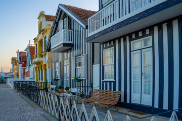 Colorful houses in Aveiro in Portugal, beautiful sky, sunset