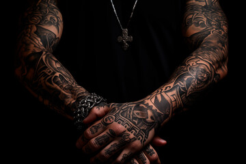 Low key close up of a person's tattooed arms, studio shot, black clothing, black background