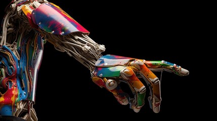 A detailed photograph of a robot arm holding a paintbrush and creating a unique abstract artwork, demonstrating the potential for machines to produce original and imaginative pieces.