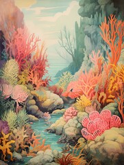 Fototapeta na wymiar Vintage Coral Reef Dive: Vibrant Art Print for Ocean Wall D�cor