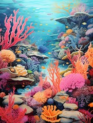Fototapeta na wymiar Vintage Art Print: Vibrant Coral Reef Explorations - Ocean Landscape Wall Canvas