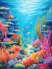 Fototapeta na wymiar Vintage Ocean Art Print: Vibrant Coral Reef Explorations - Wall Canvas Masterpiece