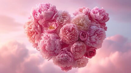 Heart-Shaped Pink Peonies in the Sky - Gentle Romance and Airy Lightness, Valentine's Day Concept