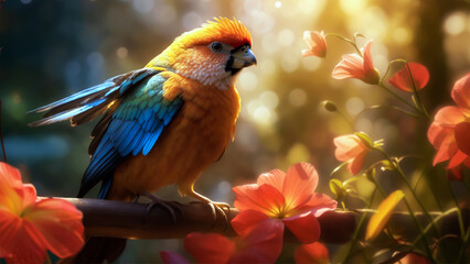 Radiant Sunlit Parrot Perched on a Branch with Vivid Plumage Among Lush Red Blooms