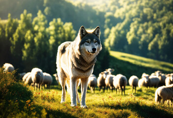 Wild wolf in front of a flock of sheep in a sunny summer pasture near forest