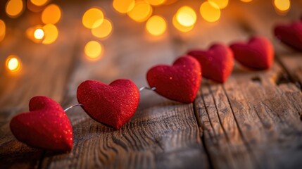 Obraz premium Red Paper Heart Garland on Wooden Surface - Cozy and Romantic Bokeh Lights, Valentine's Day Concept