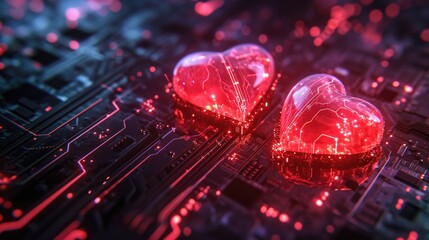 Love Meets Technology - Illuminated Heart Circuitry on Electronic Motherboard, Valentine's Day Concept