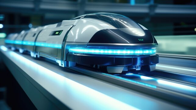 A zoomedin view of a magnetic levitation train using magnetic propulsion to hover over its tracks.