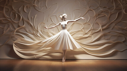 ballet studio serves as the backdrop for paper cut dancer, her delicate form pirouetting 3D rendered