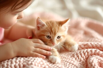 An adorable kitten being gently caressed by a child in a tender moment. Kitten with soft fur and curious eyes in a silent bond of friendship with a child.