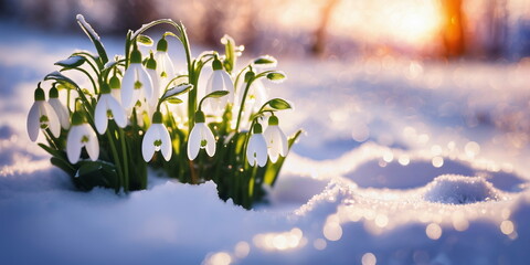 Forest plant background. March nature garden. First white snowdrop bloom. Early spring flower. Bud...