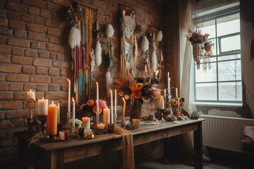 Decorations for a bohemian-themed wedding in a loft. Generative AI