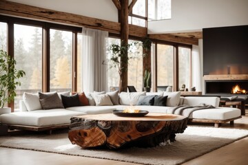 Scandinavian interior home design of modern living room with corner sofa and rustic tree trunk edged wooden table with fireplace by the window