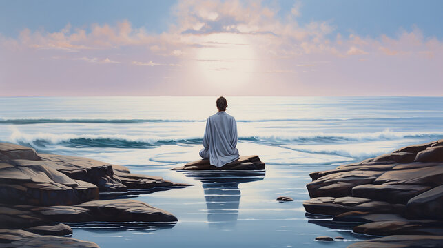 A serene graduate in flowing robes, meditating by the ocean's edge. Beachside Benediction.